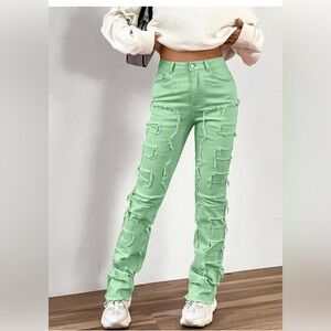 Boys/Girls Lime Green Distressed Jeans - Zig Zag Stitching & Frayed Hem